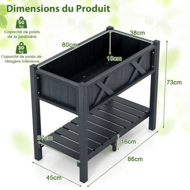 Helloshop26 - Jardinière surélevé en hips trous de drainage étagère de rangement inférieure barres transversales renforcées noir - Imagen 6