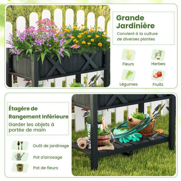 Helloshop26 - Jardinière surélevé en hips trous de drainage étagère de rangement inférieure barres transversales renforcées noir - Imagen 5