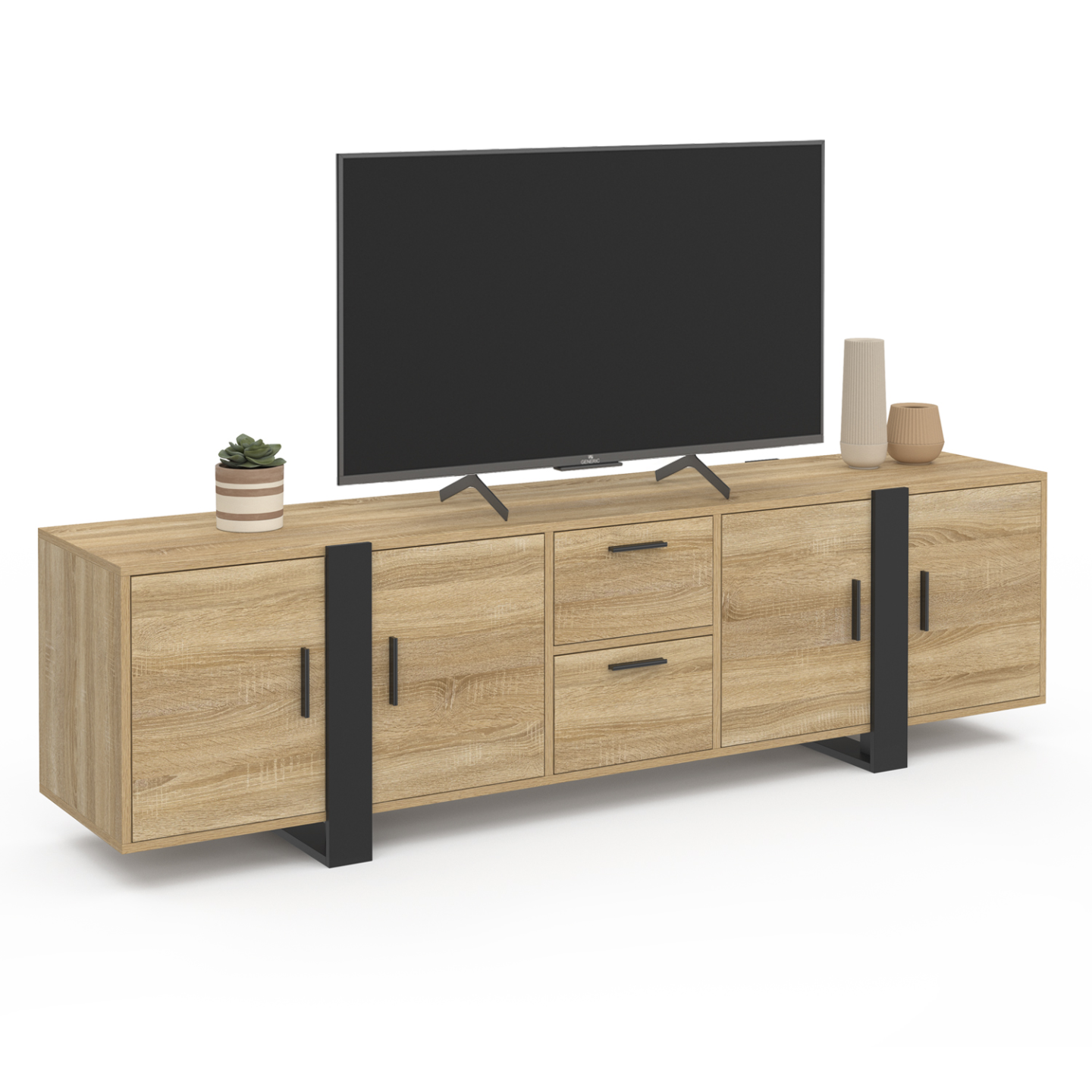 Meuble TV 180 cm PHOENIX avec rangements bois et noir - Image 2