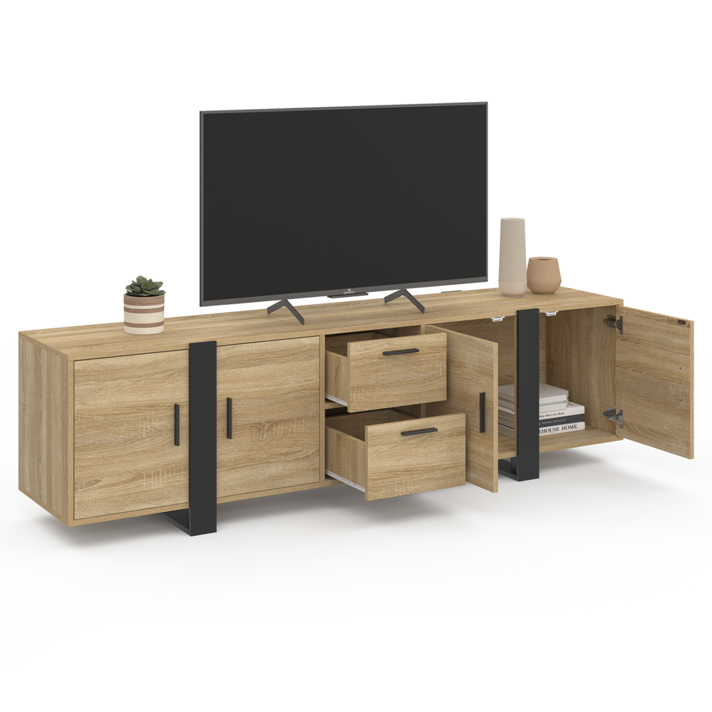 Meuble TV 180 cm PHOENIX avec rangements bois et noir - Image 4