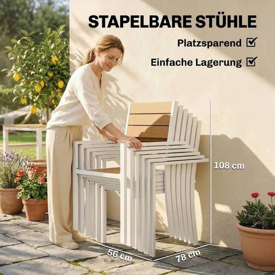 Ensemble salon de jardin 7 pièces avec table et 6 chaises empilables, aspect bois, cadre aluminium, finition naturelle - Image 6