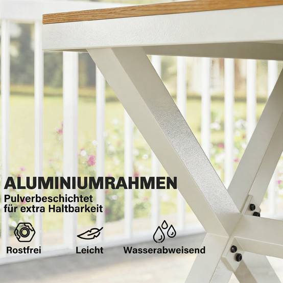 Ensemble salon de jardin 7 pièces avec table et 6 chaises empilables, aspect bois, cadre aluminium, finition naturelle - Image 4