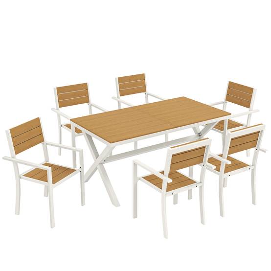 Ensemble salon de jardin 7 pièces avec table et 6 chaises empilables, aspect bois, cadre aluminium, finition naturelle - Image 1