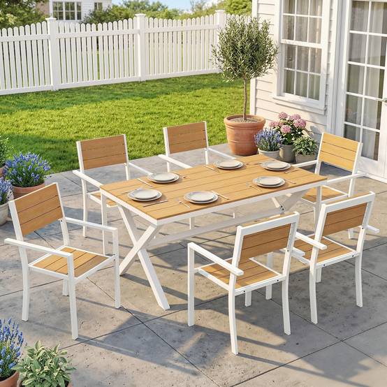 Ensemble salon de jardin 7 pièces avec table et 6 chaises empilables, aspect bois, cadre aluminium, finition naturelle - Image 2