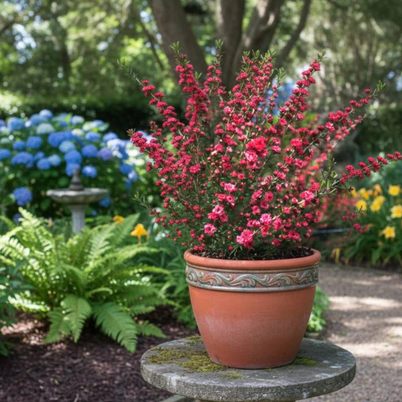 Leptospermum Red Damask, Arbre à thé à fleurs Rouge/ - feuillage Persistant - Pot de 3L - 20/40 cm - Image 3