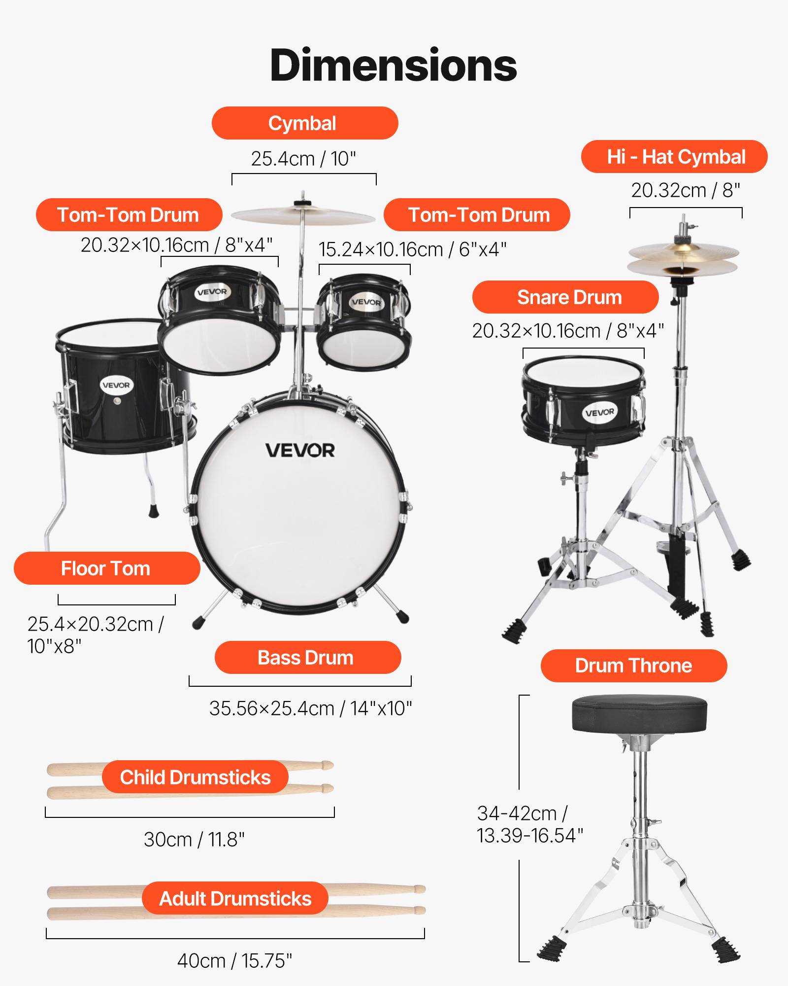 Vevor - VEVOR Batterie enfant 5 pcs, grosse caisse 35,56 cm, toms et caisse claire, siège réglable, baguettes, kit complet pour 6-13 ans, noir - Image 3