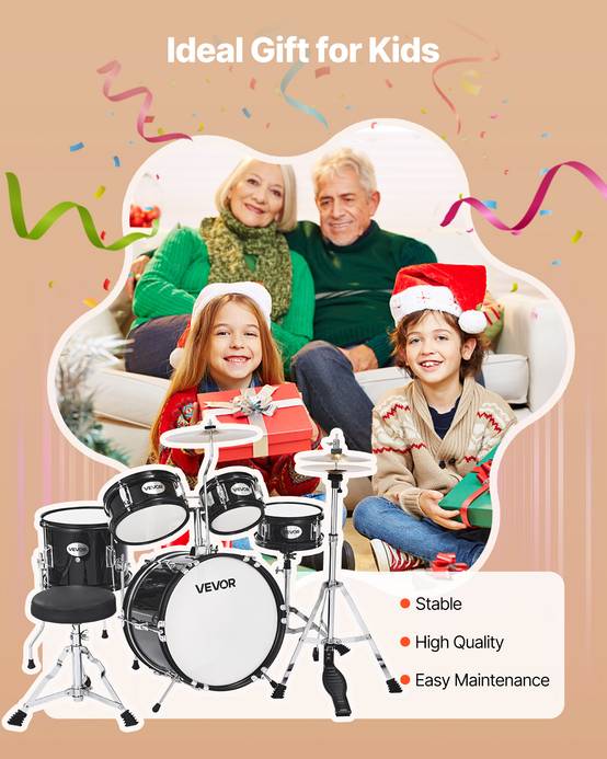 Vevor - VEVOR Batterie enfant 5 pcs, grosse caisse 35,56 cm, toms et caisse claire, siège réglable, baguettes, kit complet pour 6-13 ans, noir - Image 6