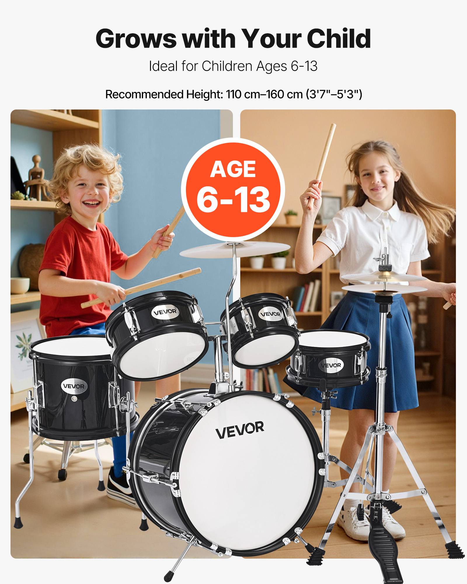 Vevor - VEVOR Batterie enfant 5 pcs, grosse caisse 35,56 cm, toms et caisse claire, siège réglable, baguettes, kit complet pour 6-13 ans, noir - Image 2
