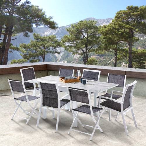 Wilsa Garden - Table Modulo 4/8 personnes structure aluminium blanche, plateau en verre décors bois - Imagen 1
