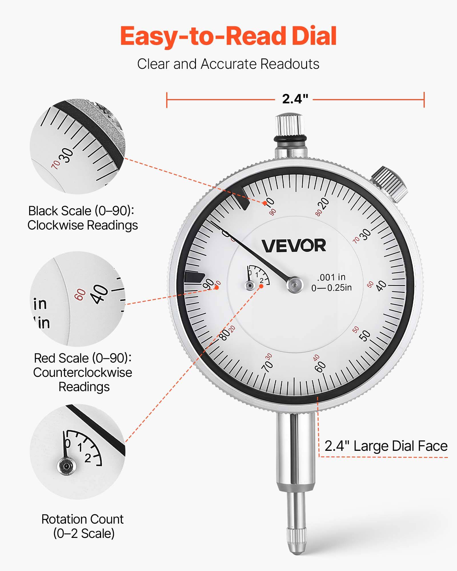 Vevor - VEVOR comparateur à cadran pour alésage, précision 0,03 mm, plage 0–6,35 mm, cadran 60 mm, kit avec tige, enclumes et boîte de rangement. - Image 4