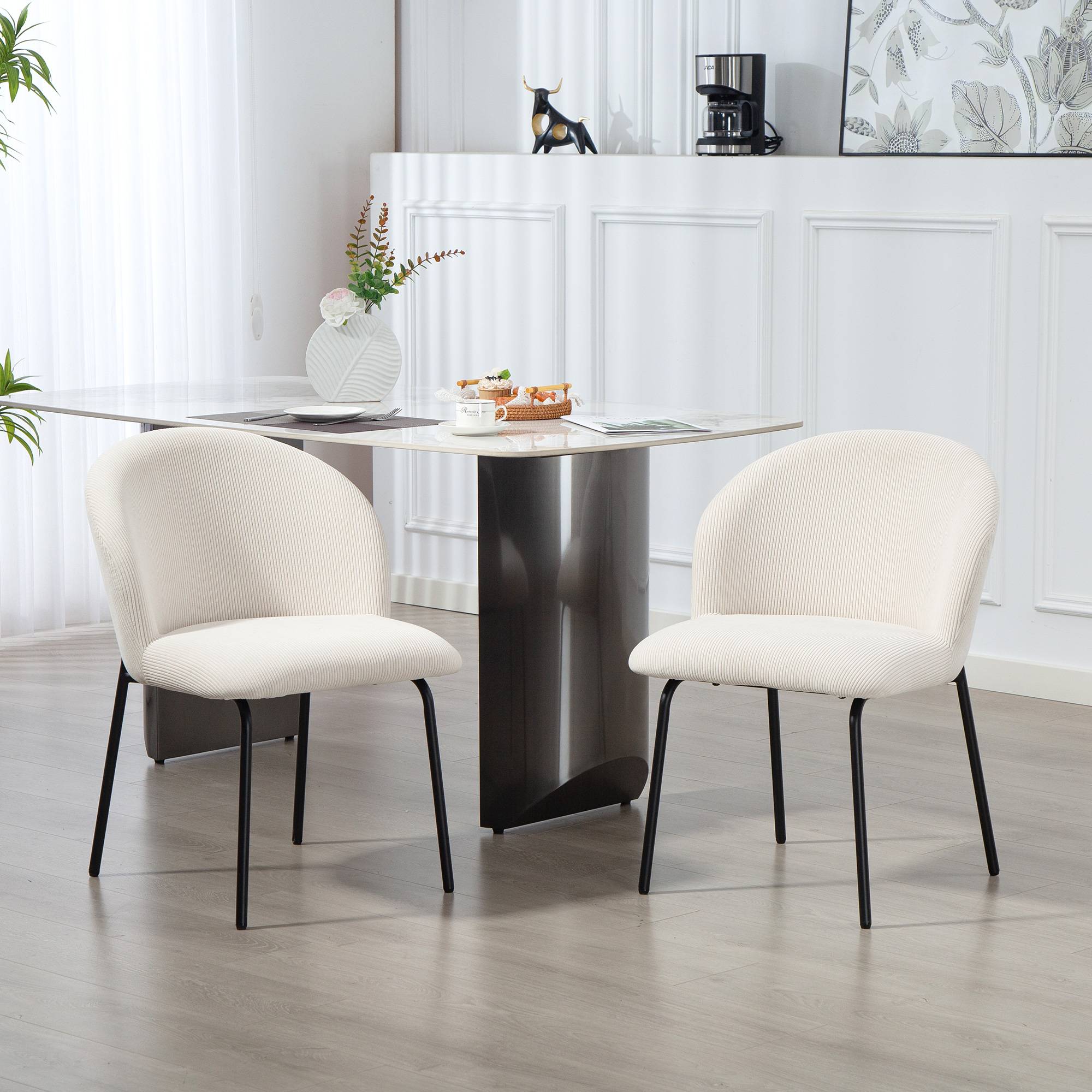 Lot de 2 chaises de salle à manger en velours côtelé, chaises de cuisine avec pieds en acier, 56x58x78cm, crème - Image 4