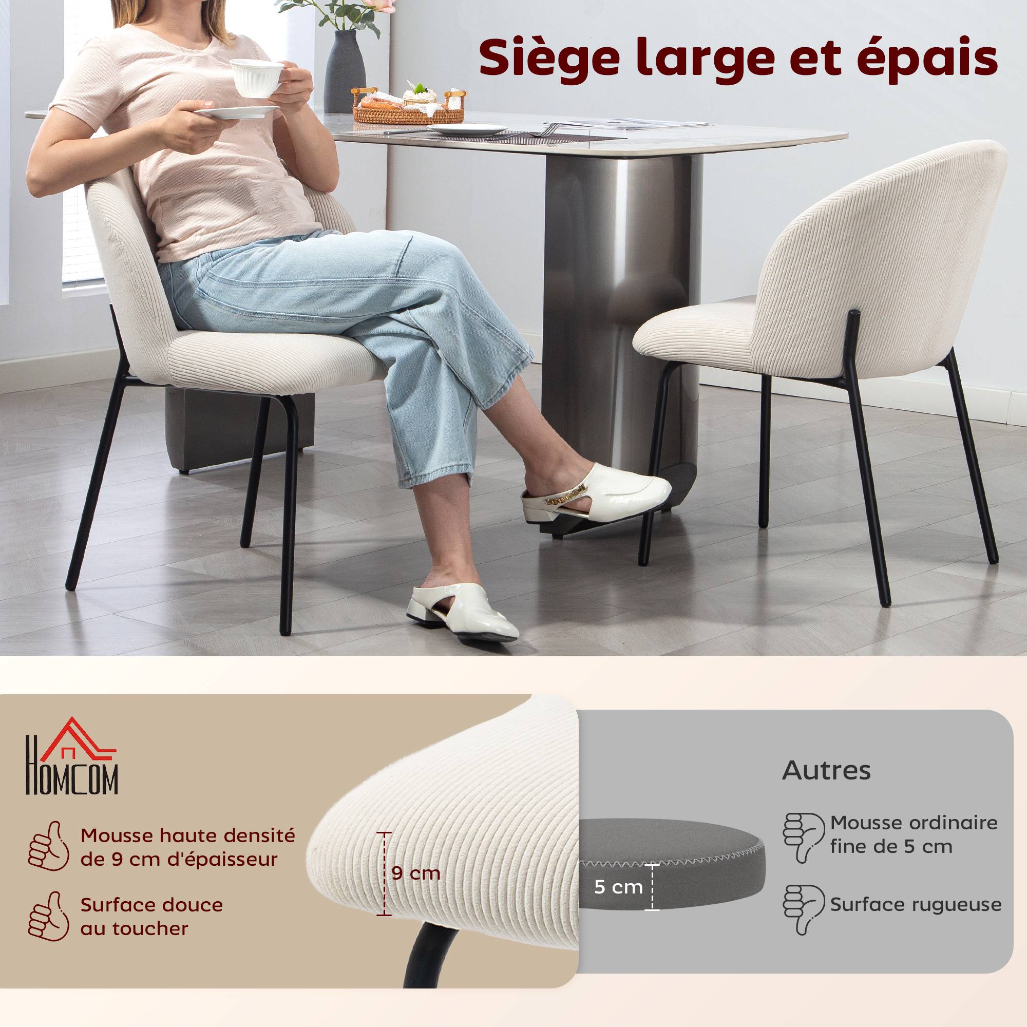 Lot de 2 chaises de salle à manger en velours côtelé, chaises de cuisine avec pieds en acier, 56x58x78cm, crème - Image 6