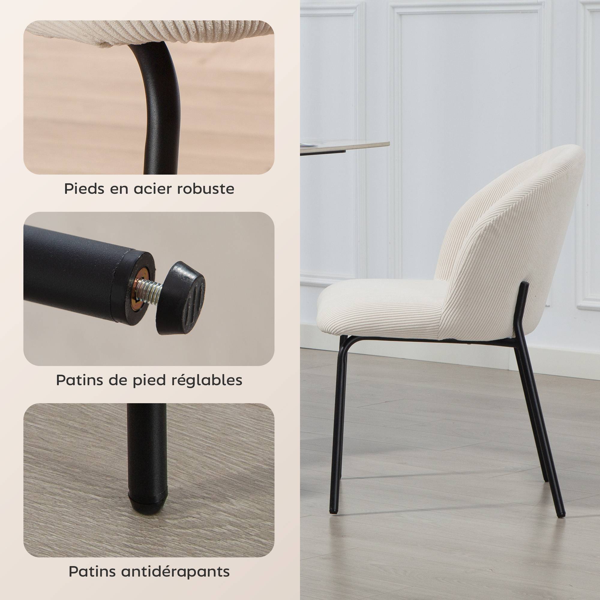 Lot de 2 chaises de salle à manger en velours côtelé, chaises de cuisine avec pieds en acier, 56x58x78cm, crème - Image 8