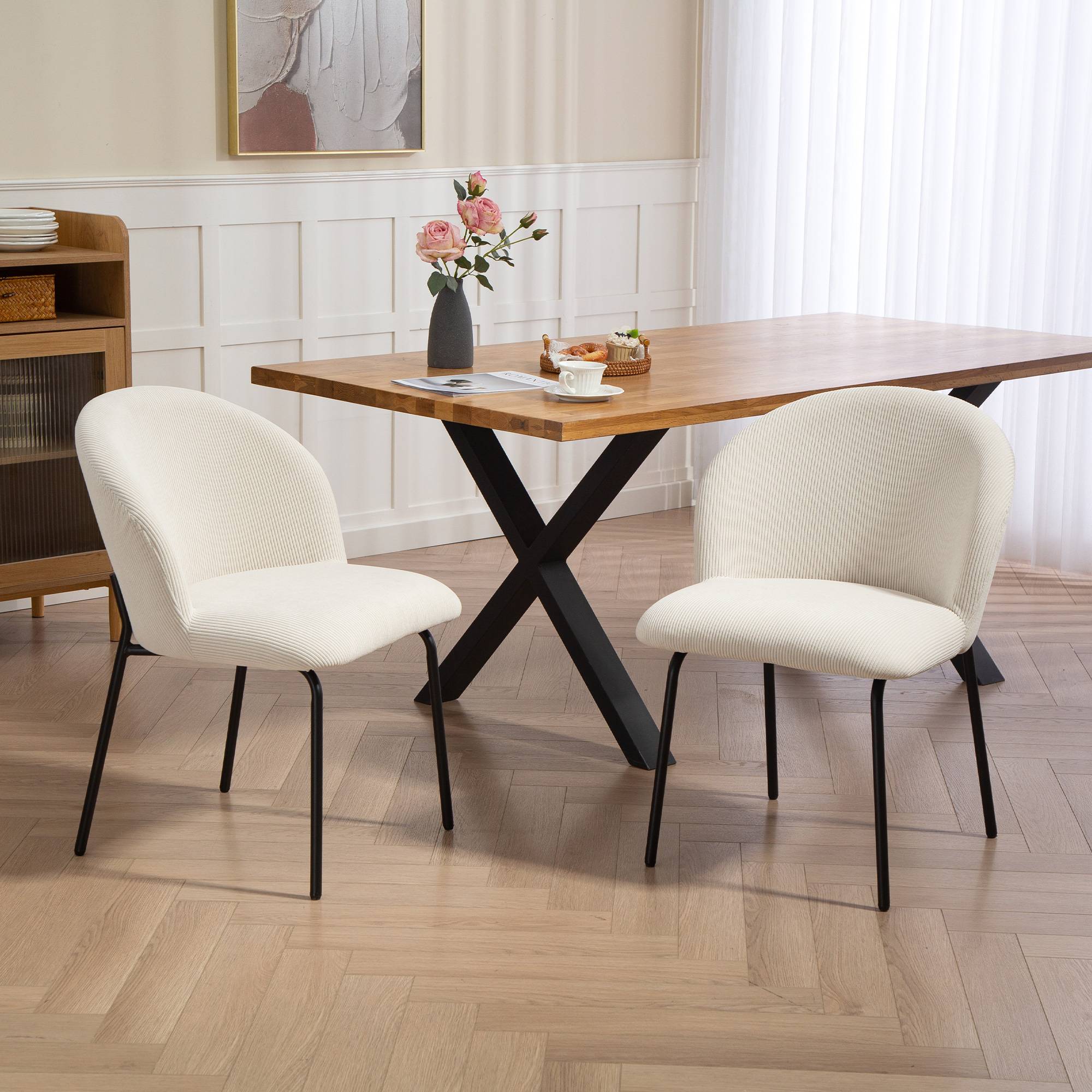 Lot de 2 chaises de salle à manger en velours côtelé, chaises de cuisine avec pieds en acier, 56x58x78cm, crème - Image 3