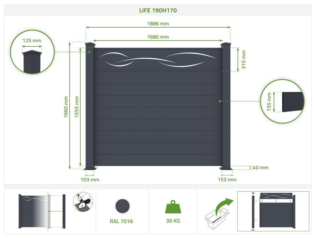 Casanoov Lot de 5 kits de clôture aluminium LIFE H.170   cm - kits complet 9.5 m - Image 2