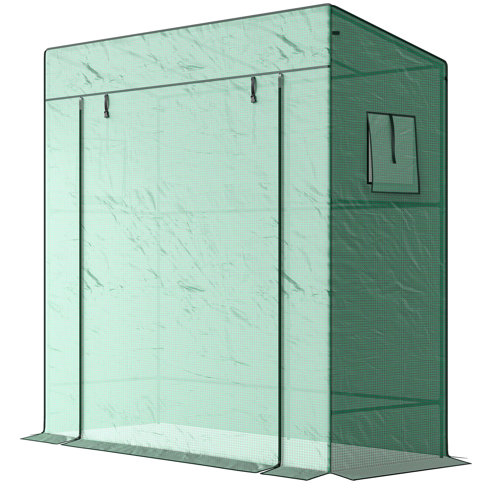 Sans Marque - Serre de jardin murale adossée avec 1 porte enroulable, bâche PE renforcée, 2 fenêtres, dim. 196L x 77l x 197/178H cm - Image 2