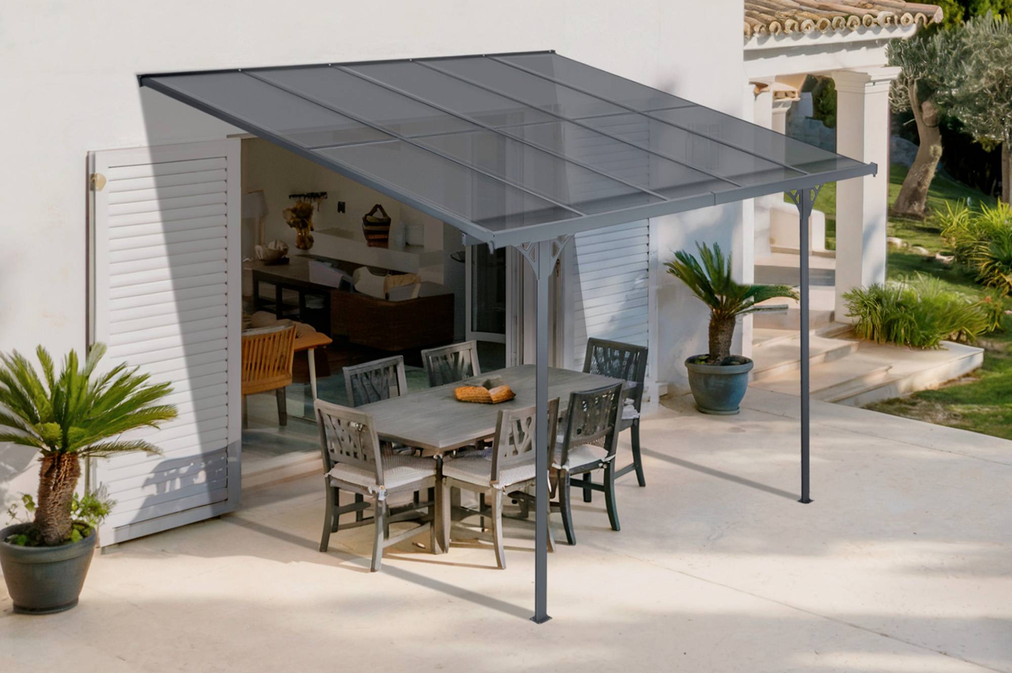 Cazeboo Pergola/Carport adossée 9m² KLEO 3x3 m gris - toit terrasse en aluminium et polycarbonate - Image 1