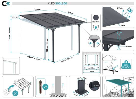 Cazeboo Pergola/Carport adossée 9m² KLEO 3x3 m gris - toit terrasse en aluminium et polycarbonate - Image 2