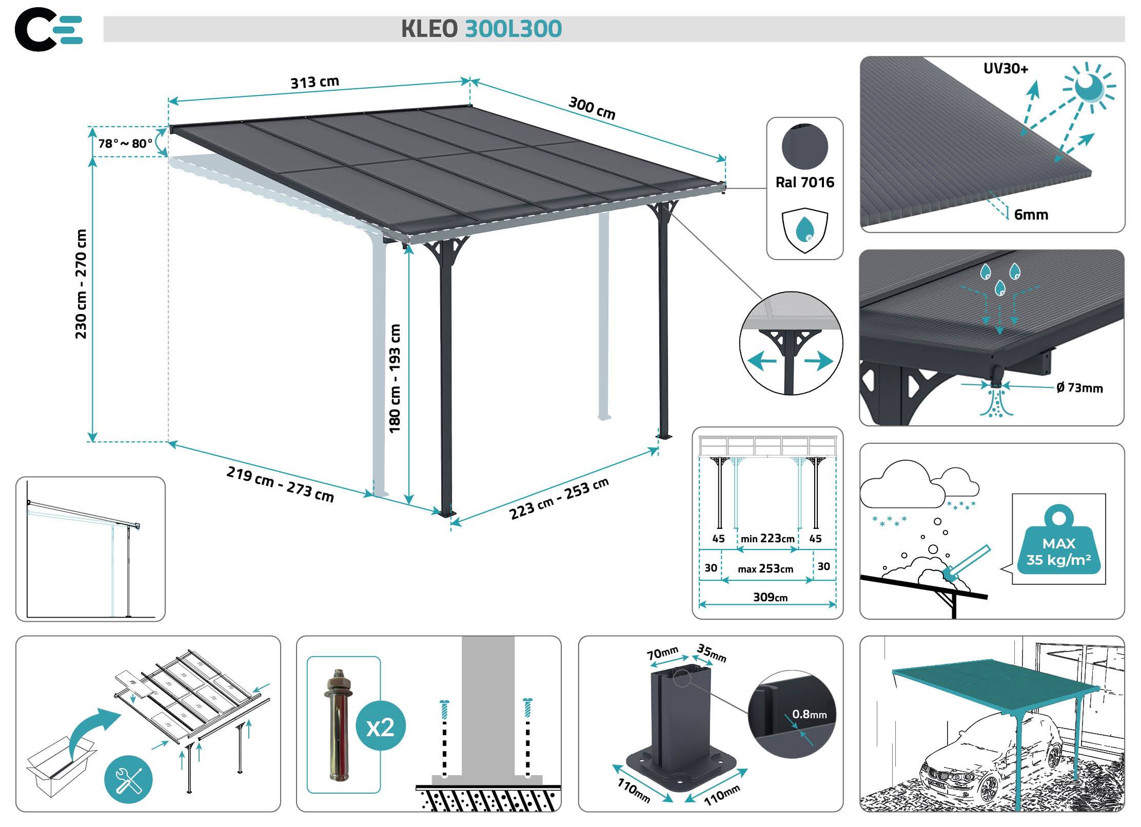 Cazeboo Pergola/Carport adossée 9m² KLEO 3x3 m gris - toit terrasse en aluminium et polycarbonate - Image 2