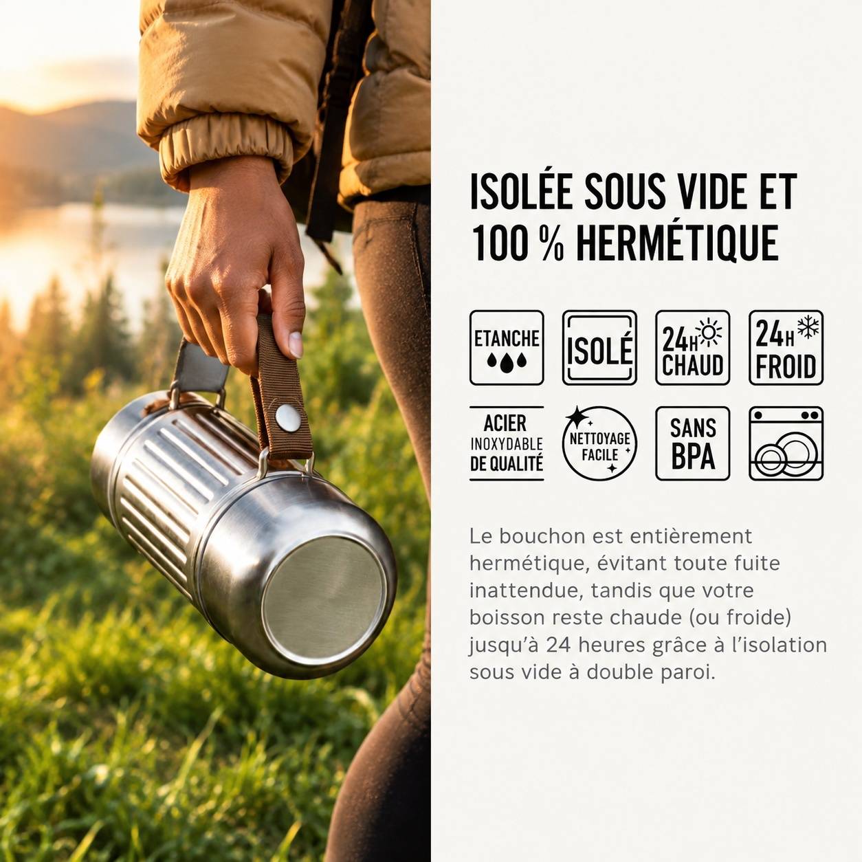 Bouteille Isotherme Acier Inoxydable 1L pour 2 Personnes Avec 2 Gobelets Étanche Isolation 24h - Image 2