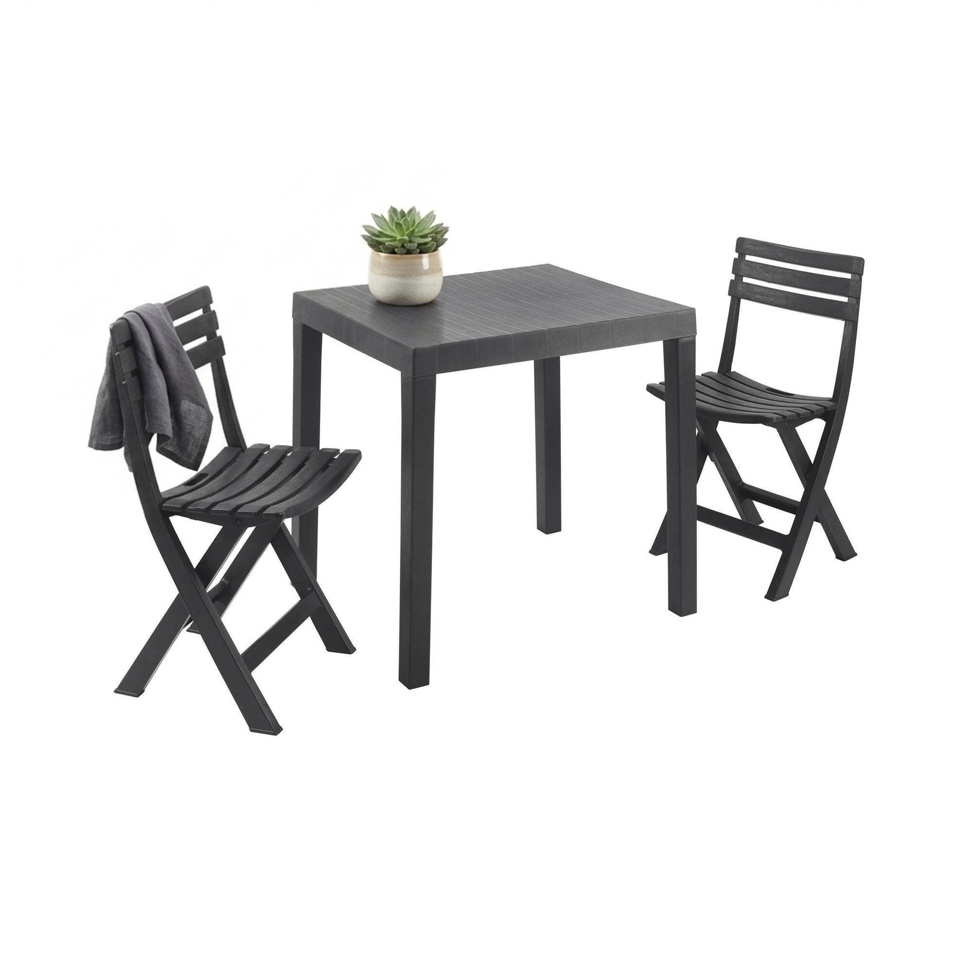 Dmora - Salon d'extérieur Dlibutt, Composition de jardin avec 1 table rectangulaire et 2 chaises pliantes, Salon intérieur et extérieur de Pic Nic, Anthracite - Imagen 1
