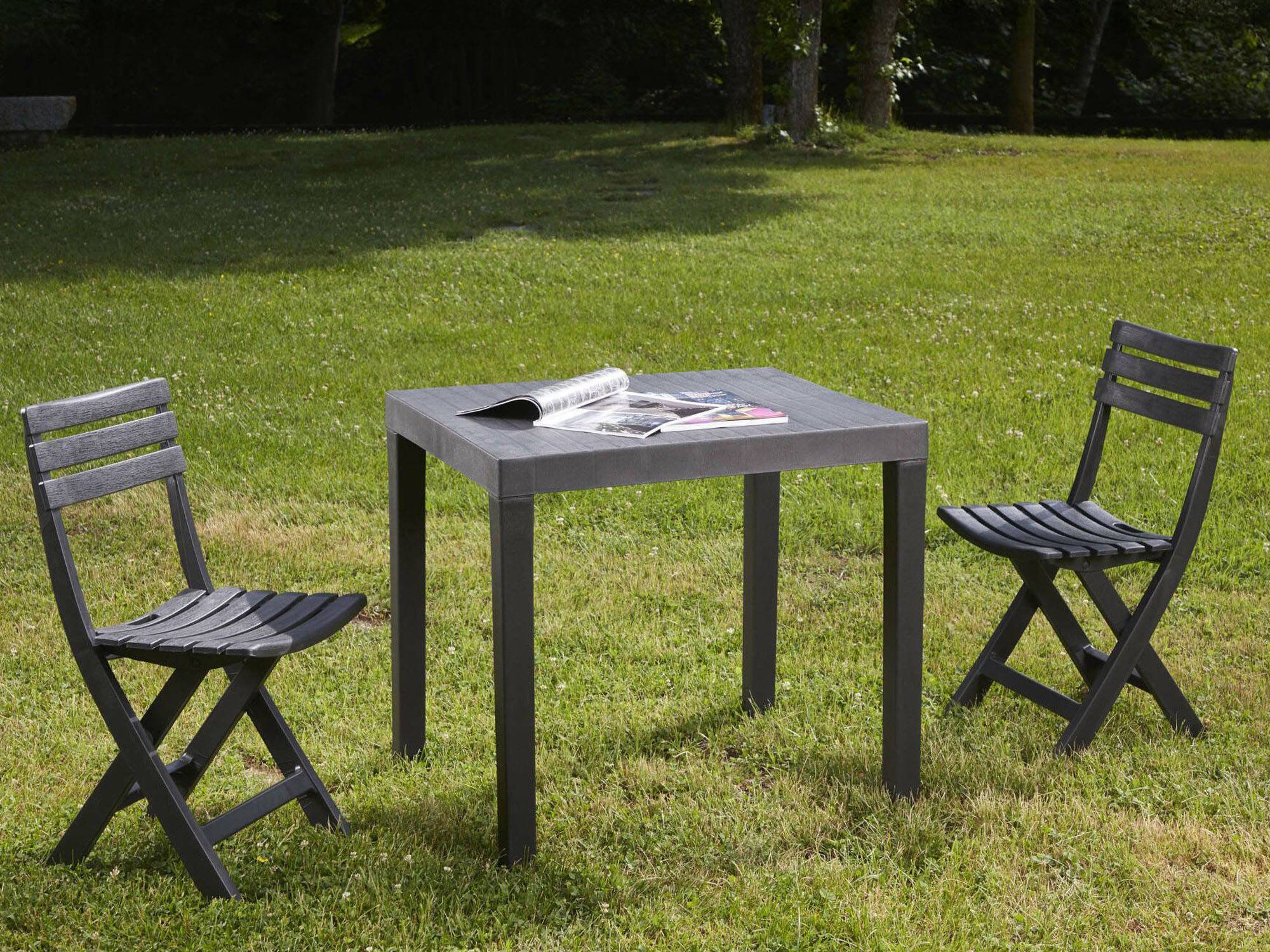 Dmora - Salon d'extérieur Dlibutt, Composition de jardin avec 1 table rectangulaire et 2 chaises pliantes, Salon intérieur et extérieur de Pic Nic, Anthracite - Imagen 5