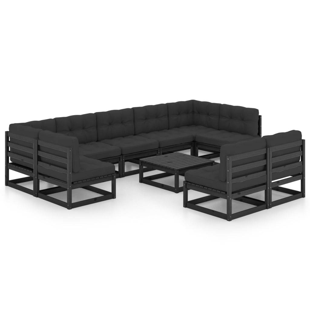 Helloshop26 - Salon de jardin meuble d'extérieur ensemble de mobilier 10 pièces avec coussins noir bois de pin massif - Imagen 1