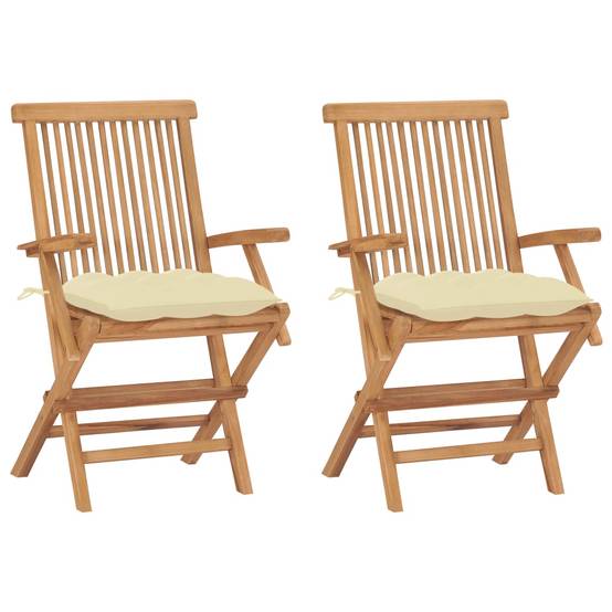 Lot de 2 Chaises de jardin et coussins - Chaises d'extérieur - Fauteuils de jardin blanc crème Teck massif-JU12634 - Image 2