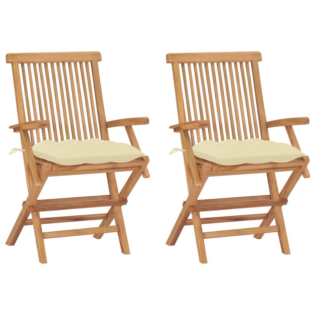 Lot de 2 Chaises de jardin et coussins - Chaises d'extérieur - Fauteuils de jardin blanc crème Teck massif-JU12634 - Image 2