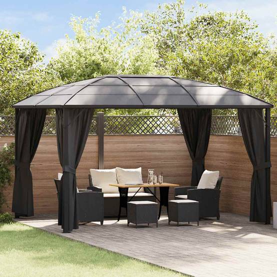 Tonnelle Adossée Aluminium Toit Rigide Polycarbonate avec Rideaux pour Terrasse Anthracite 4x3m – ComfortXL Outdoor Living - Image 1