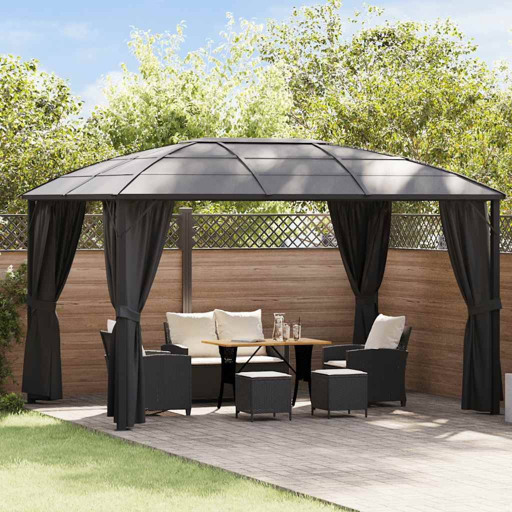 Tonnelle Adossée Aluminium Toit Rigide Polycarbonate avec Rideaux pour Terrasse Anthracite 4x3m – ComfortXL Outdoor Living - Image 1