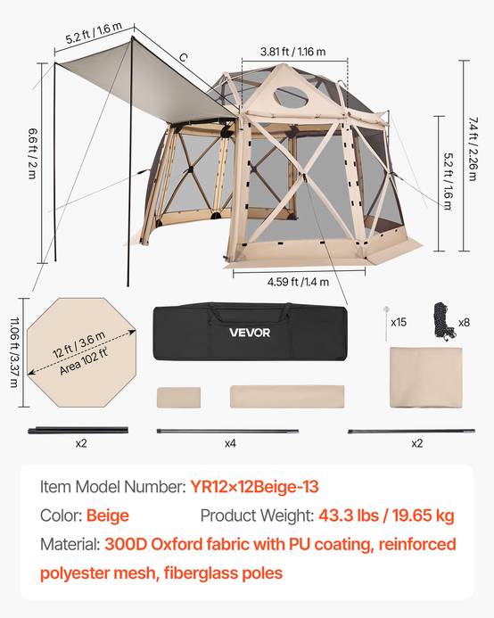 Vevor - VEVOR Tente moustiquaire pop-up 3,6x3,6 m 8-10 pers. - structure géodésique 13 faces, Oxford 300D PU, UV50+, sac de transport, beige. - Image 6