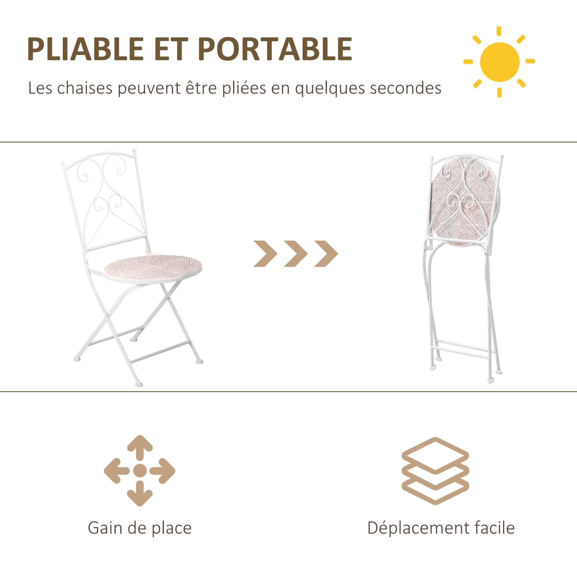 Outsunny - Ensemble de jardin bistro 3 pièces 2 chaises pliantes et table ronde - métal époxy, plateau mosaïque - blanc - Outsunny - Imagen 5