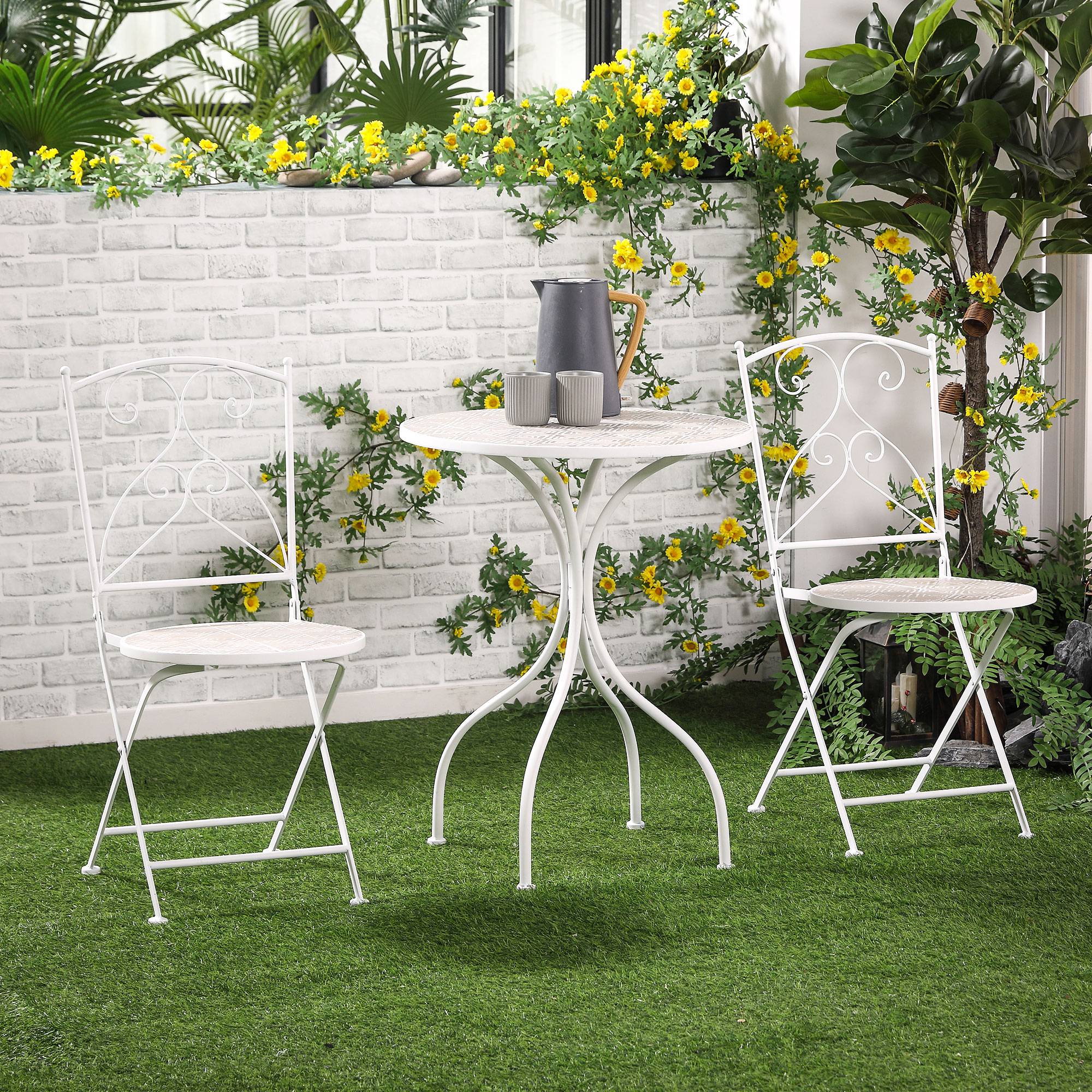 Outsunny - Ensemble de jardin bistro 3 pièces 2 chaises pliantes et table ronde - métal époxy, plateau mosaïque - blanc - Outsunny - Imagen 2