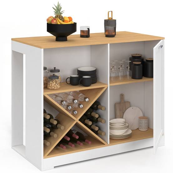 IDMARKET - Table de bar îlot VITO 113 cm avec range-bouteilles bois blanc et plateau façon hêtre - Image 2