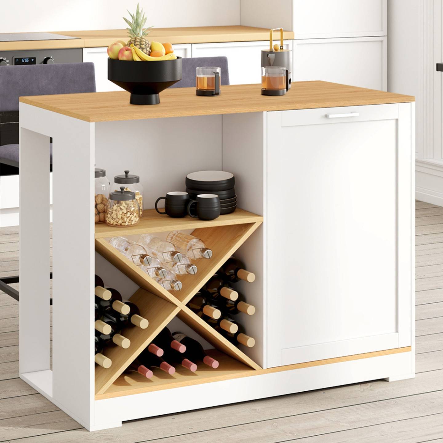 IDMARKET - Table de bar îlot VITO 113 cm avec range-bouteilles bois blanc et plateau façon hêtre - Image 1