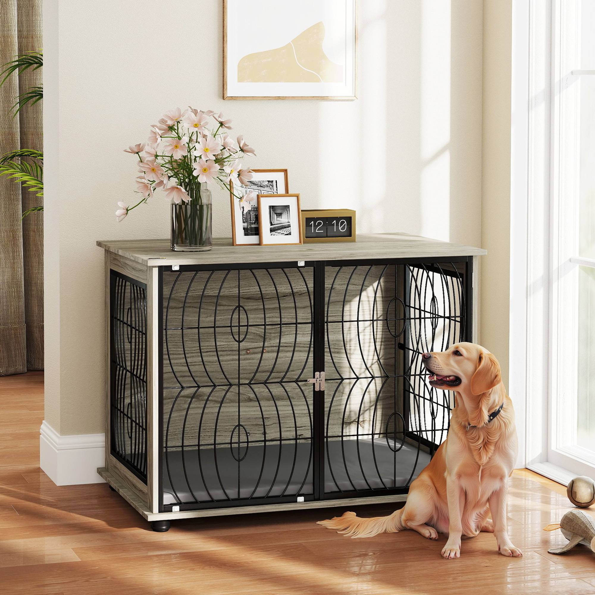 Cage meuble grand chien bois métal intérieur aéré coussin 100x60x73cm gris - ComfortXL Outdoor Living - Image 1