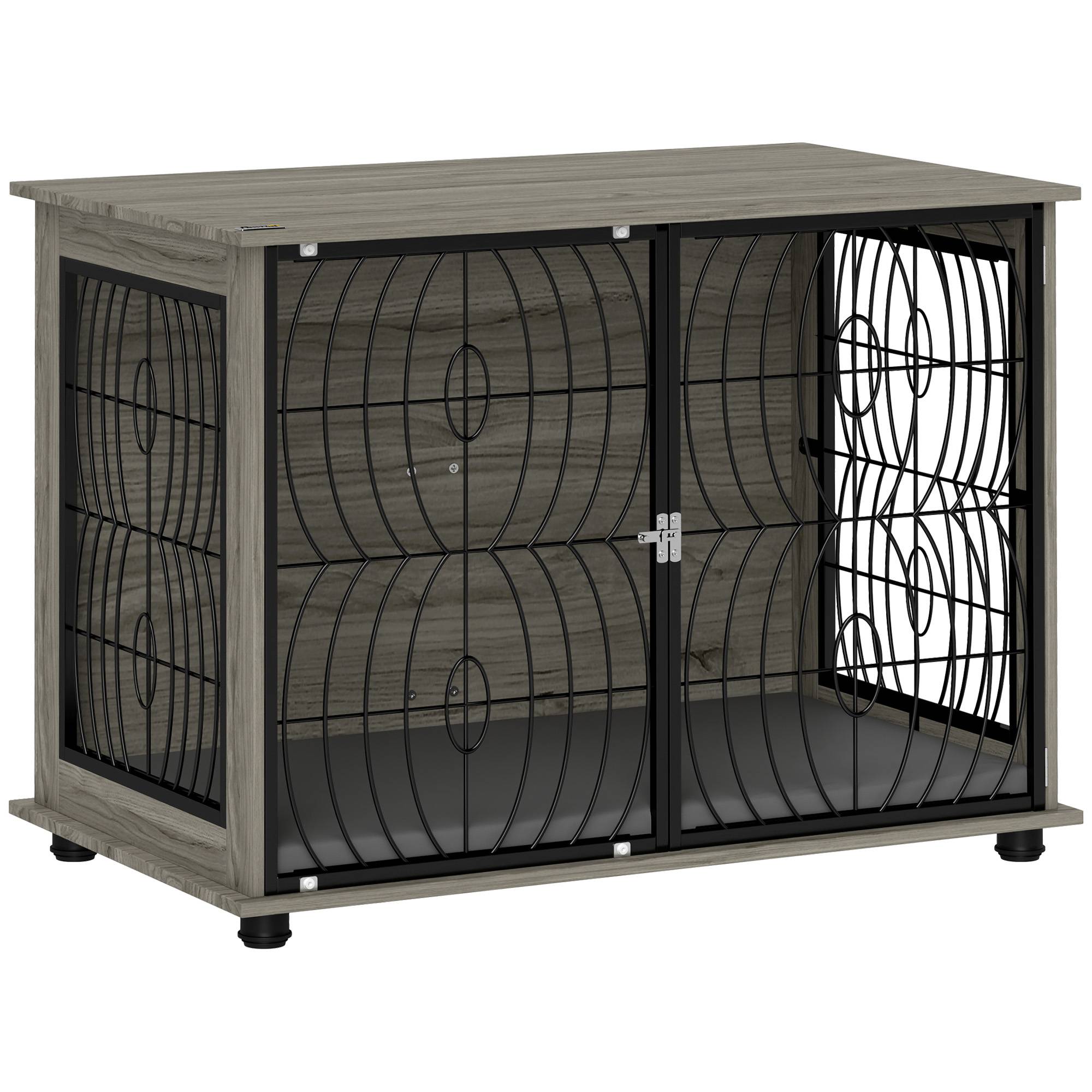 Cage meuble grand chien bois métal intérieur aéré coussin 100x60x73cm gris - ComfortXL Outdoor Living - Image 2