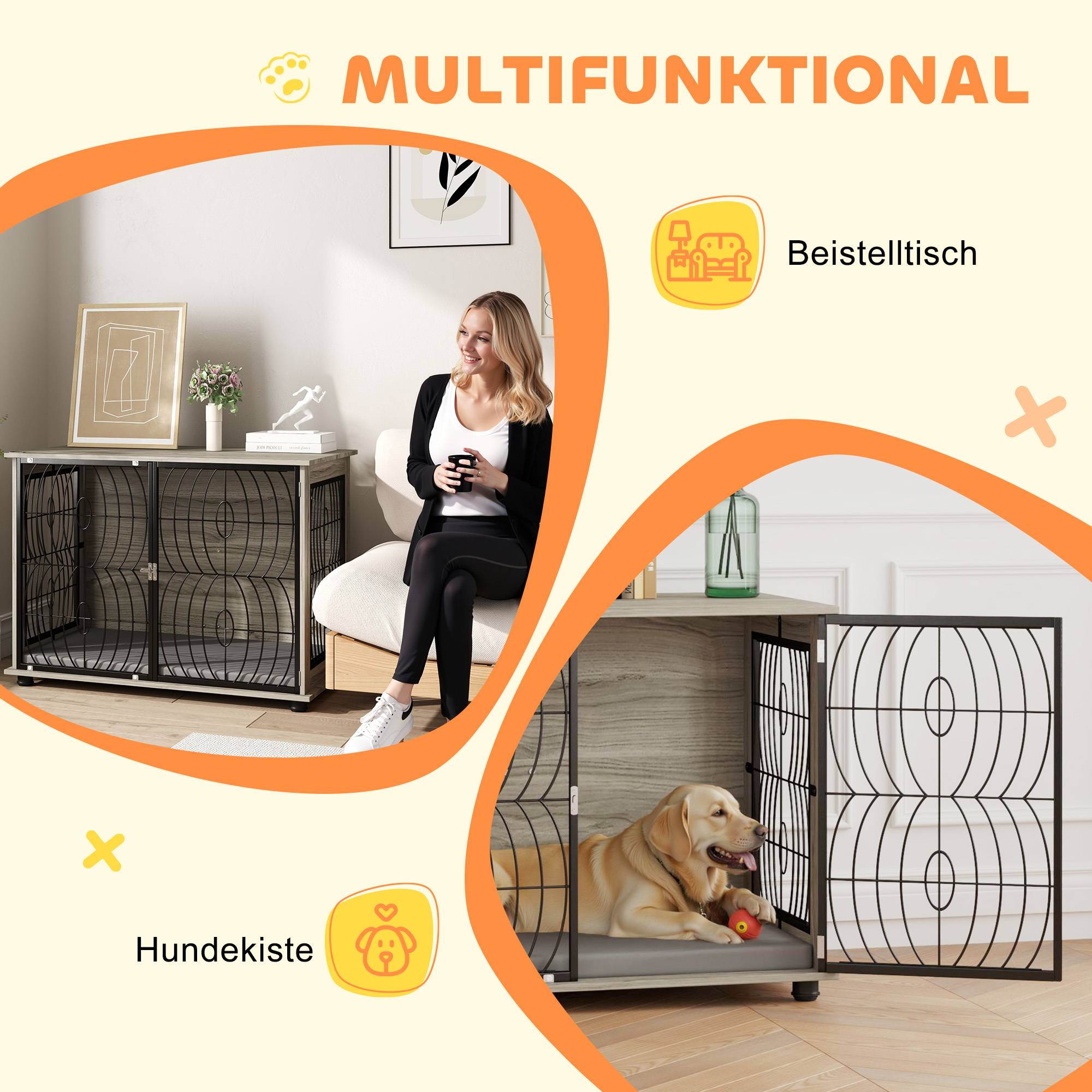 Cage meuble grand chien bois métal intérieur aéré coussin 100x60x73cm gris - ComfortXL Outdoor Living - Image 5