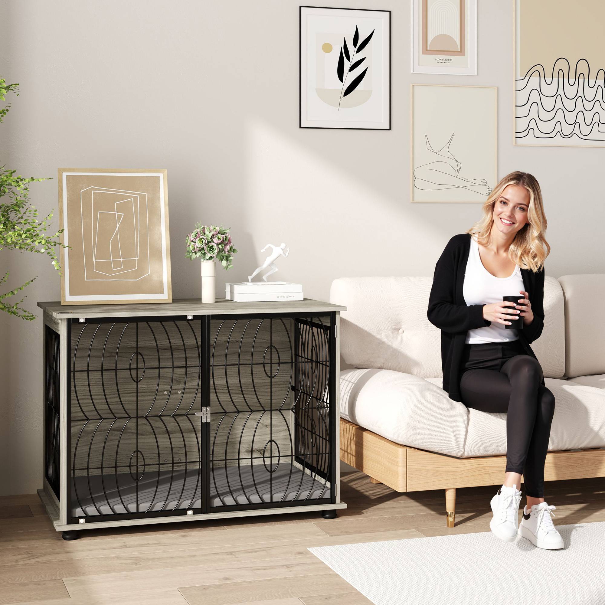 Cage meuble grand chien bois métal intérieur aéré coussin 100x60x73cm gris - ComfortXL Outdoor Living - Image 8