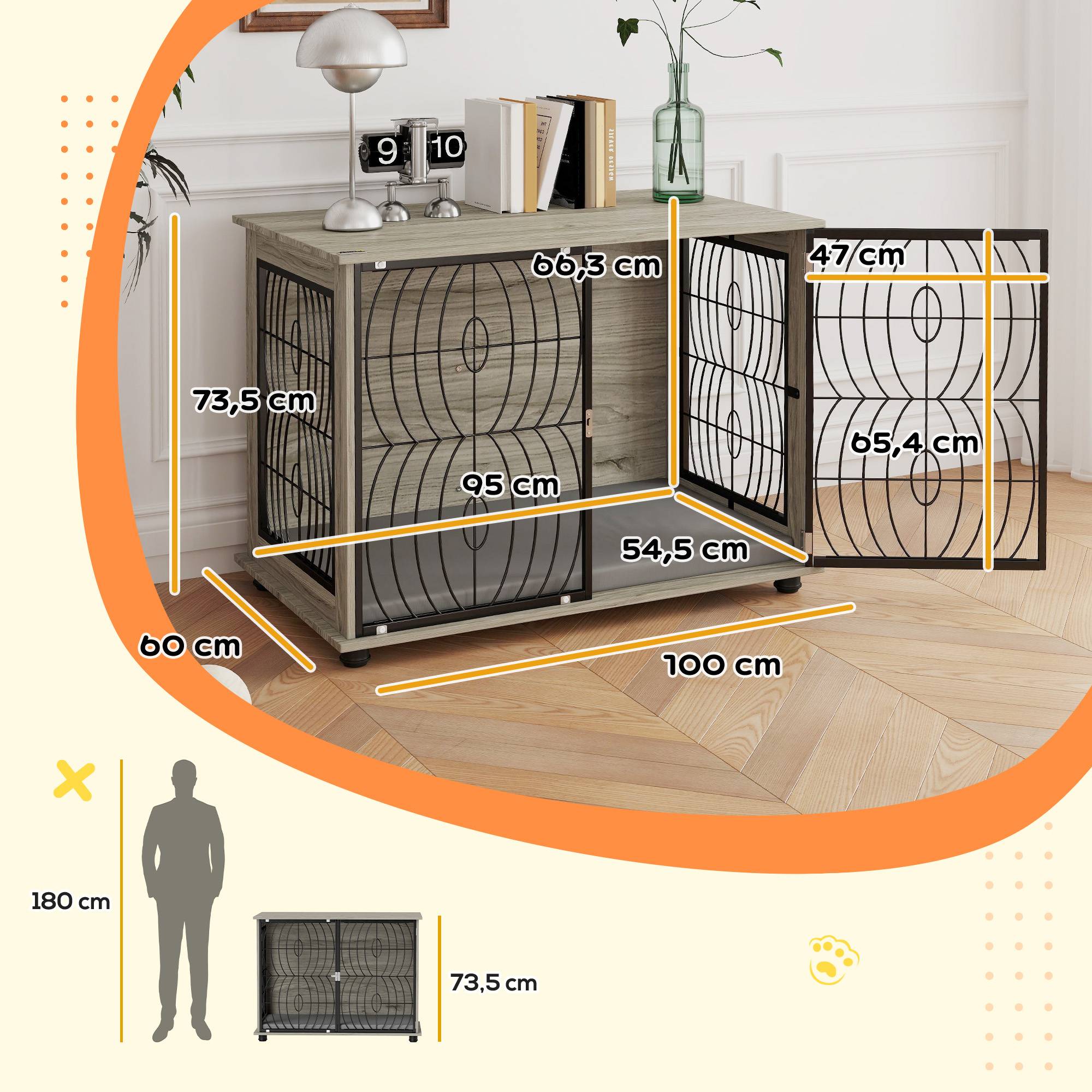 Cage meuble grand chien bois métal intérieur aéré coussin 100x60x73cm gris - ComfortXL Outdoor Living - Image 3