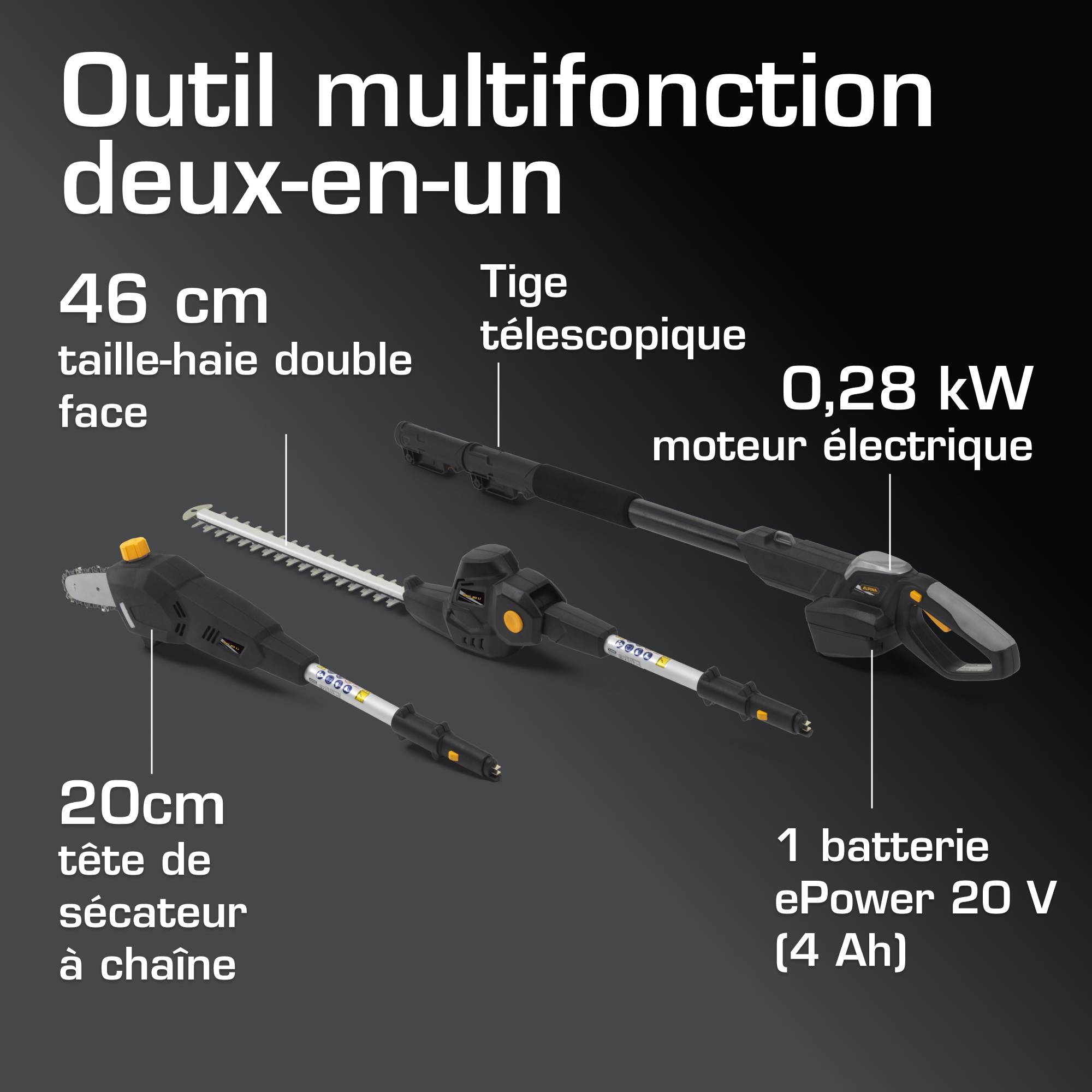 Alpina - Kit outil multifonction AM 20 Li, 20V, taille-haie et élagueur, 4m portée, batterie incluse - ALPINA - Imagen 6