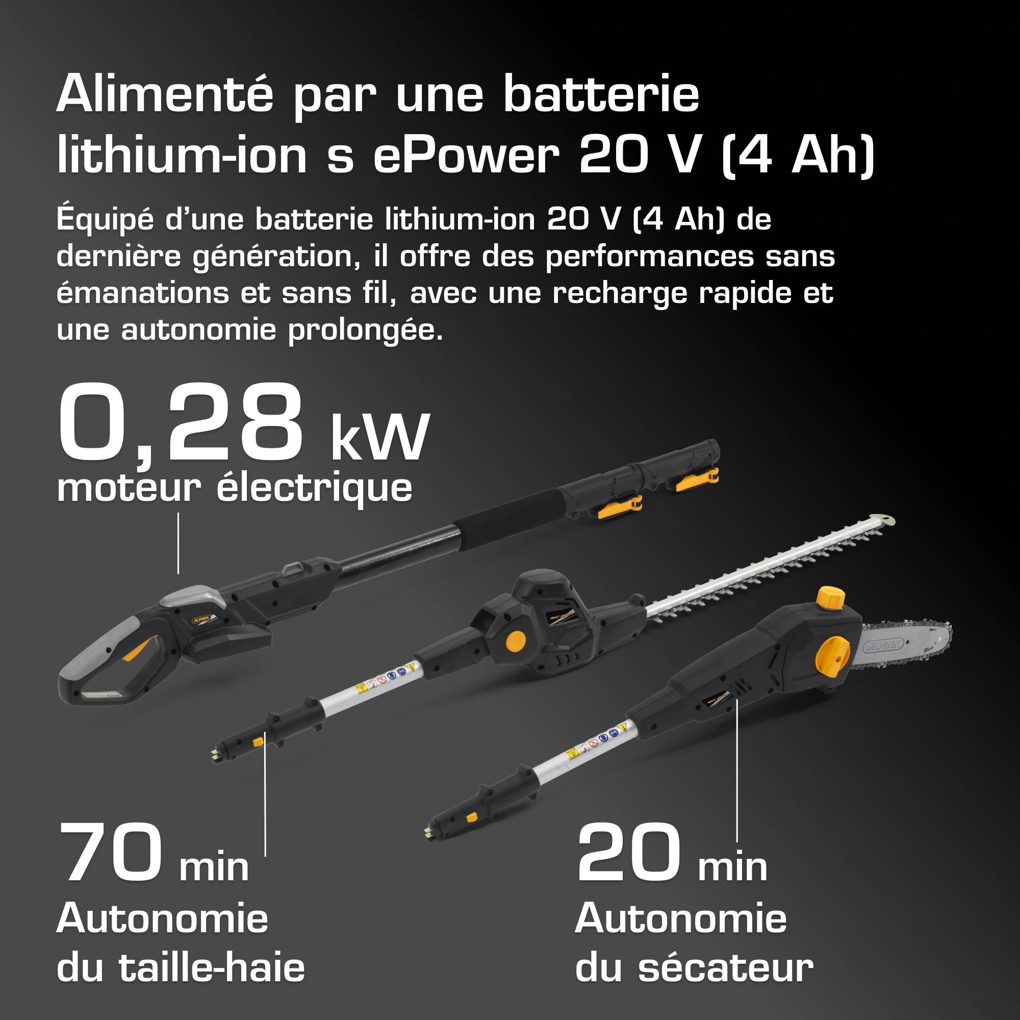 Alpina - Kit outil multifonction AM 20 Li, 20V, taille-haie et élagueur, 4m portée, batterie incluse - ALPINA - Imagen 3