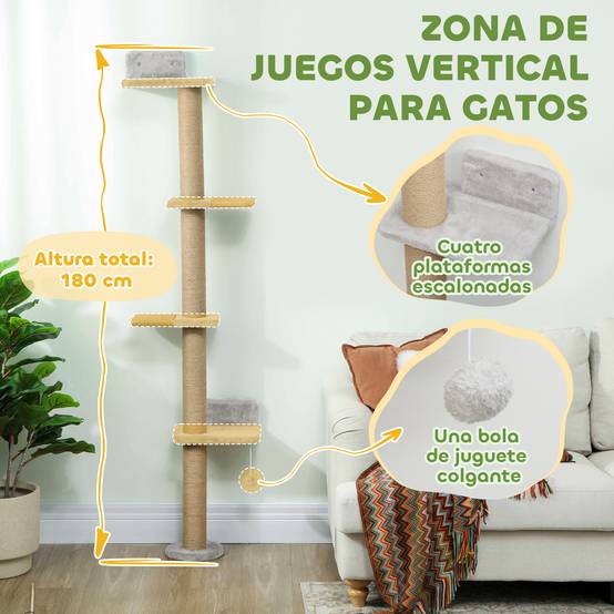 Arbre à Chat Mural 5 Niveaux Gain de Place avec Griffoir Sisal et Jouet Suspendu Gris Clair 180 cm - ComfortXL Outdoor Living - Image 6