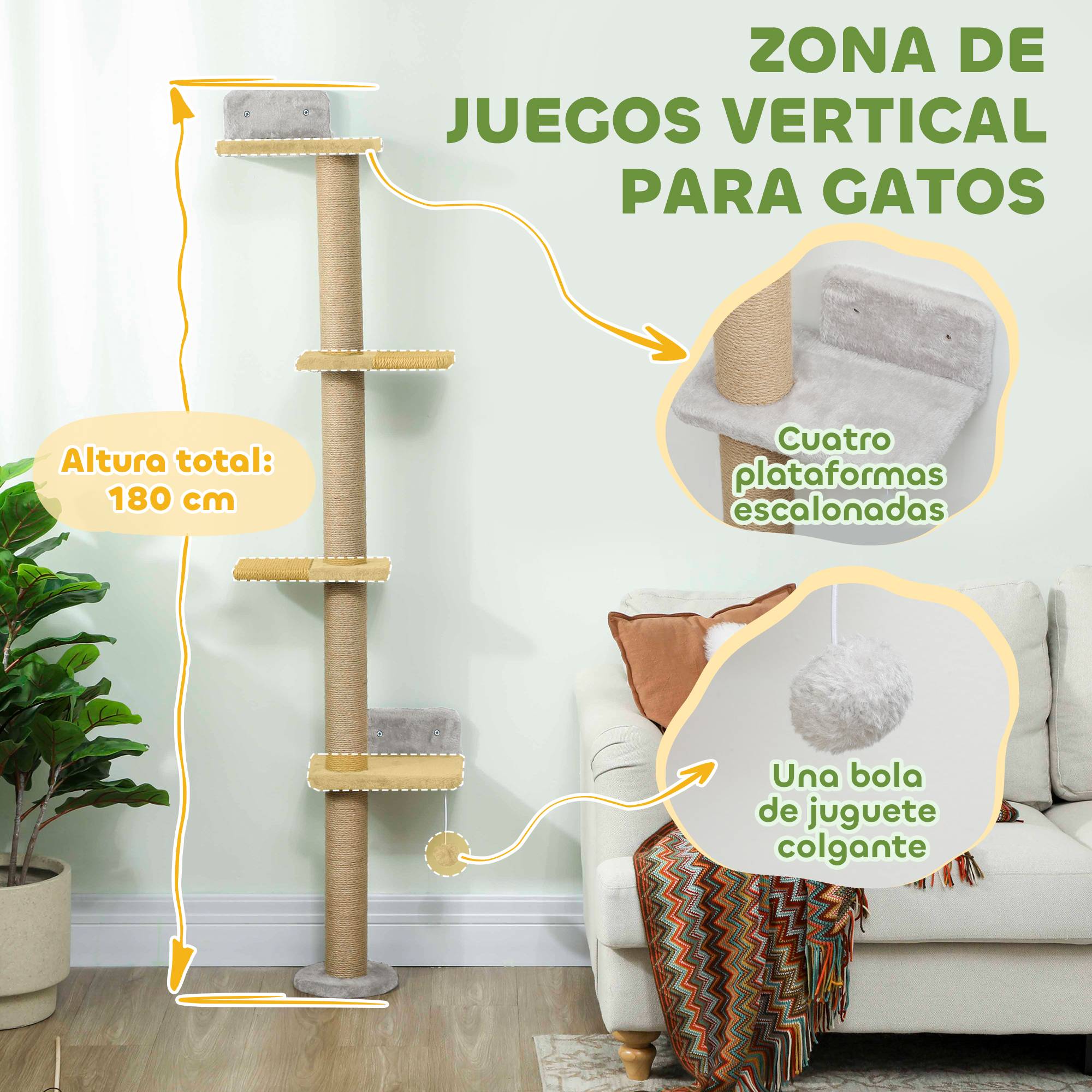 Arbre à Chat Mural 5 Niveaux Gain de Place avec Griffoir Sisal et Jouet Suspendu Gris Clair 180 cm - ComfortXL Outdoor Living - Image 6