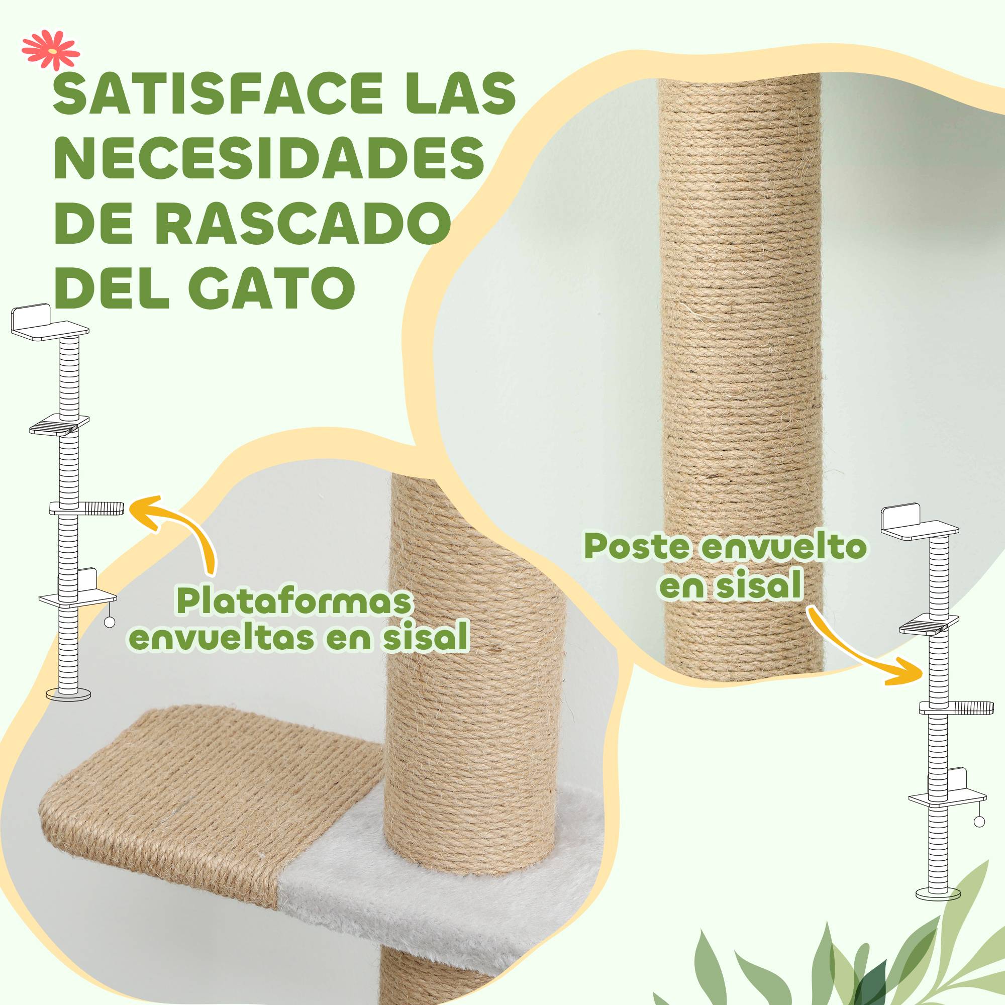 Arbre à Chat Mural 5 Niveaux Gain de Place avec Griffoir Sisal et Jouet Suspendu Gris Clair 180 cm - ComfortXL Outdoor Living - Image 8