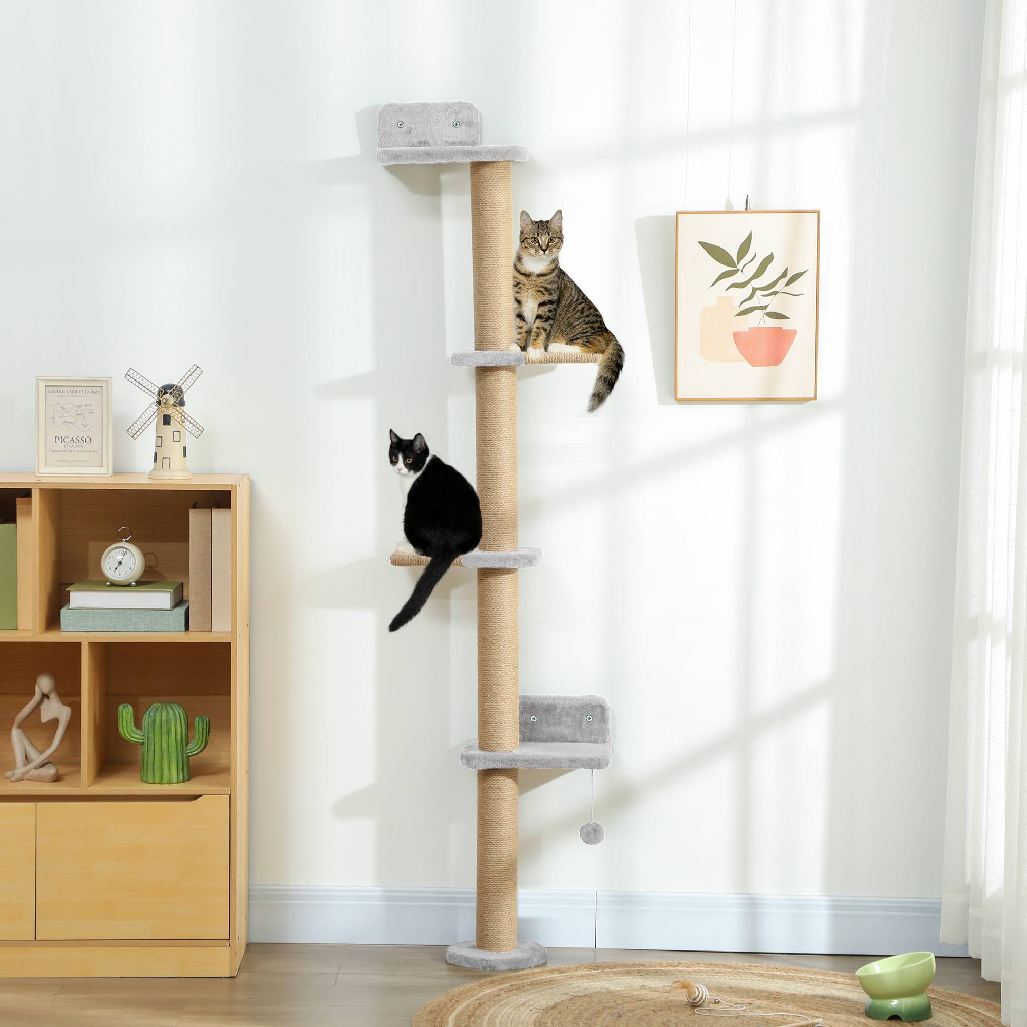Arbre à Chat Mural 5 Niveaux Gain de Place avec Griffoir Sisal et Jouet Suspendu Gris Clair 180 cm - ComfortXL Outdoor Living - Image 4