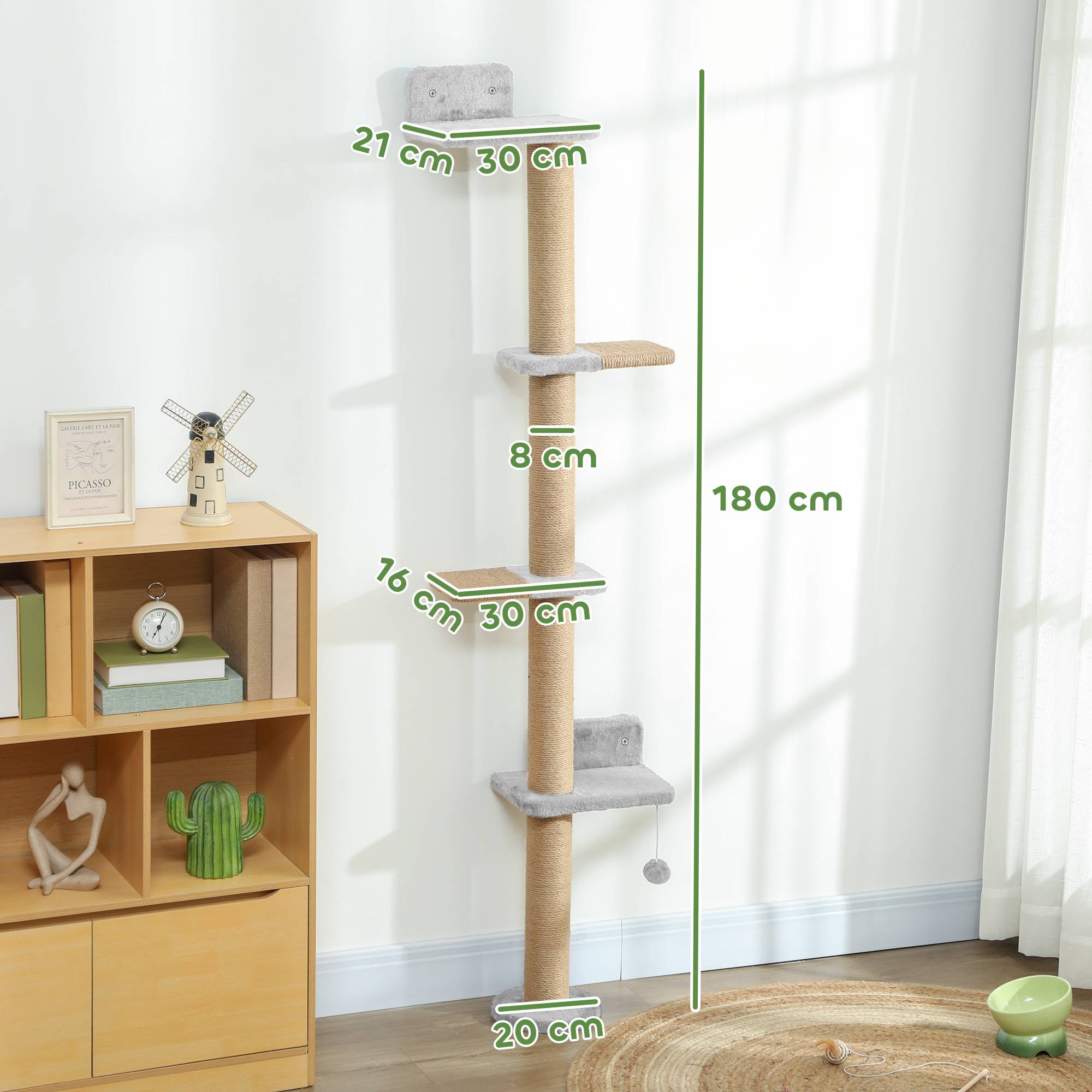 Arbre à Chat Mural 5 Niveaux Gain de Place avec Griffoir Sisal et Jouet Suspendu Gris Clair 180 cm - ComfortXL Outdoor Living - Image 5