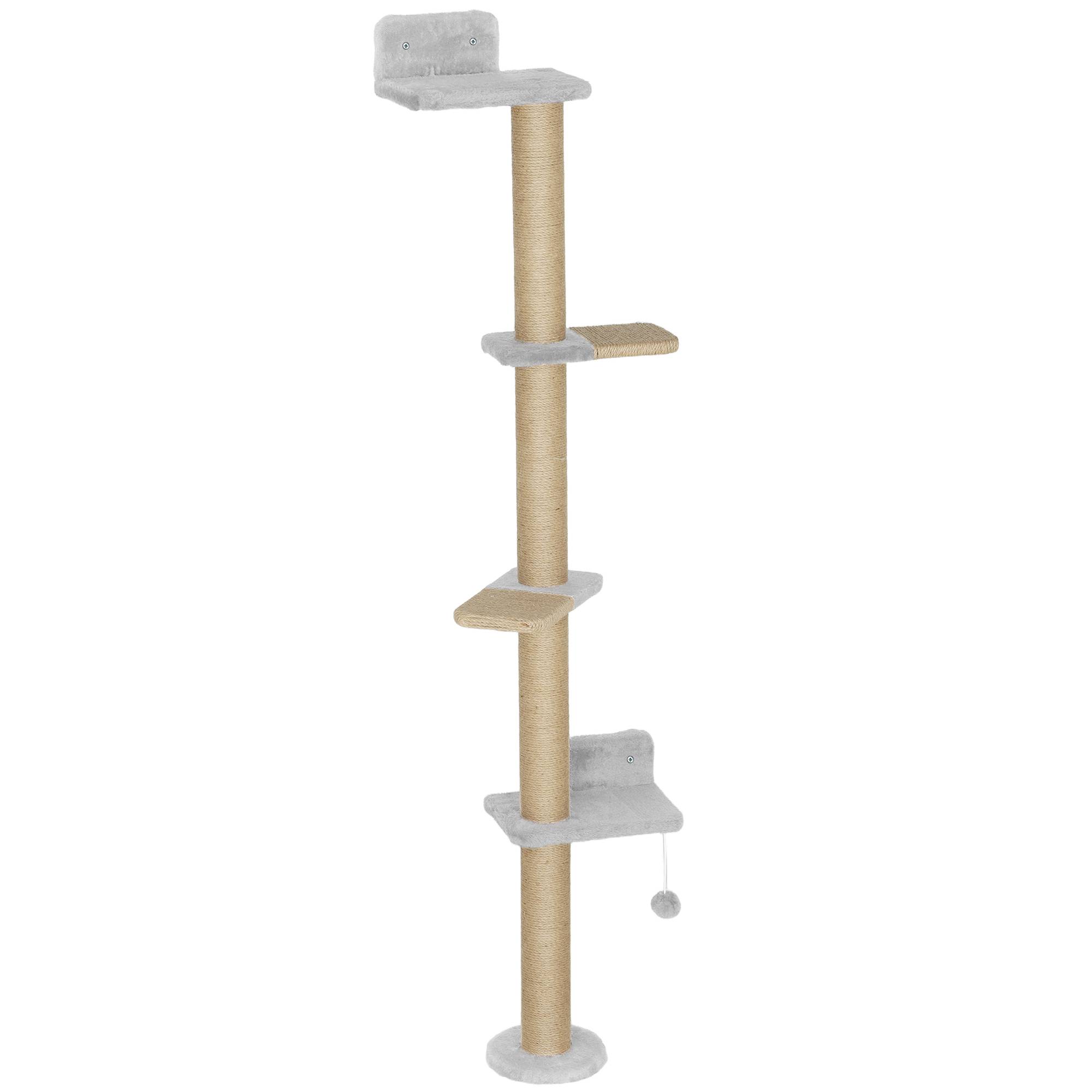 Arbre à Chat Mural 5 Niveaux Gain de Place avec Griffoir Sisal et Jouet Suspendu Gris Clair 180 cm - ComfortXL Outdoor Living - Image 2