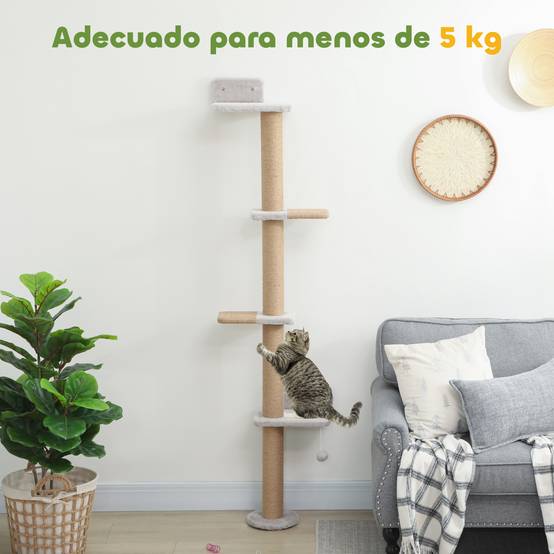 Arbre à Chat Mural 5 Niveaux Gain de Place avec Griffoir Sisal et Jouet Suspendu Gris Clair 180 cm - ComfortXL Outdoor Living - Image 9